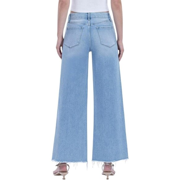 Women's High Rise Wide Leg Jeans Raw Hem Ankle Denim Seamless Waistband - Picture 3 of 4